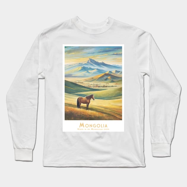 Majestic Mongolian Steed at the Steppe Long Sleeve T-Shirt by POD24